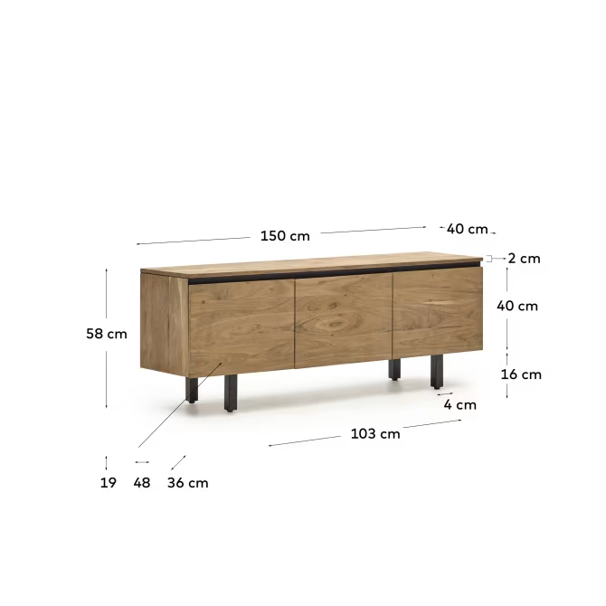 Kave Home Uxue TV stand with 3 solid acacia wood doors in a natural finish, 150